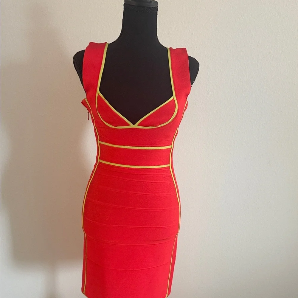Herve Leger AUTHENTIC Red and NEON Yellow Bandage Dress - Picture 7 of 10
